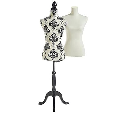 BTFY Mannequin Female - Dressmakers Tailors Dummy w/ 2 Removable Covers - UK Size 8/10 Decorative Dress Form Body w/ Adjustable Height - Seamstress Model for Shop Display - Plain White & Black Damask
