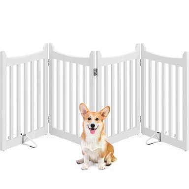 Yaheetech Wooden Dog Gate Indoor 4 Panels Freestanding Pet Fence with Support Feet for Small and Medium Dogs, Stair Barrier for House/Stairs/Doorway (White,61 cm H X 205cm L)