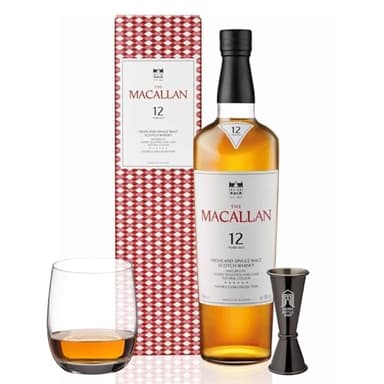 The Macallan 12 Years Old Double Cask & Glass, Jigger Set | Scotch | Highland | Single Malt Whisky | Toffee, Orange Peel and Spice | European and American Oak Sherry Seasoned Casks 70 cl