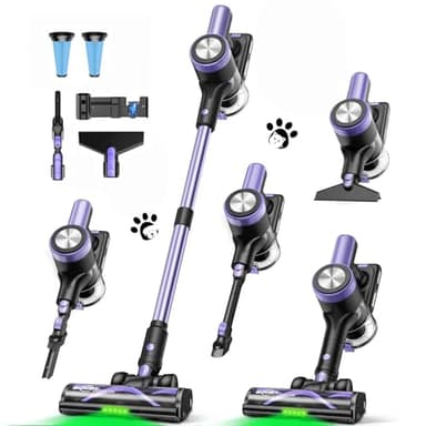SUXIANGVAC Cordless Vacuum Cleaner 48KPa/500W/55Mins, Stick Vacuum with Self-Standing, Wall Mount Charging, LED Display, Anti-Tangle Brush Rechargeable Vacuum Ideal for Carpet/Car/Pet,Purple