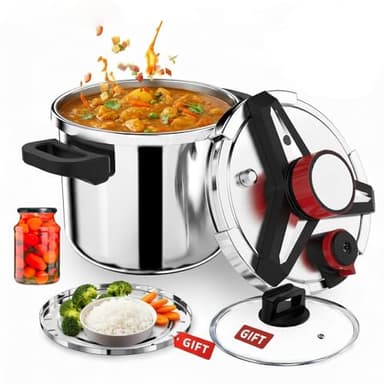 4-In-1 304 Stainless Steel Pressure Cooker 12L Quart & Explosion-Proof & 3 PSI Settings & One-Hand Locking Pressure Canner & Glass Lid Steamer Rack Included,Induction Compatible,Gas Stovetop