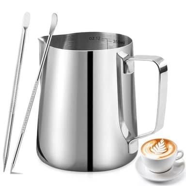 Milk Frothing Pitcher, 350ml/12oz Milk Jug for Coffee Machine, Stainless Steel Pitcher with Measurement Mark and 2Pcs Decorating Pen for Making Latte Art
