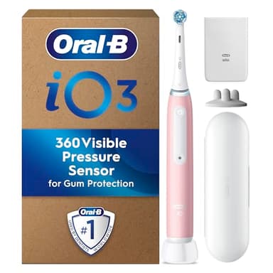 Oral-B iO 3 Blush Pink Ultimate Clean Electric Toothbrush, 1 Refill Holder, 1 Charger Pouch, 1 Travel Case, Designed by Braun