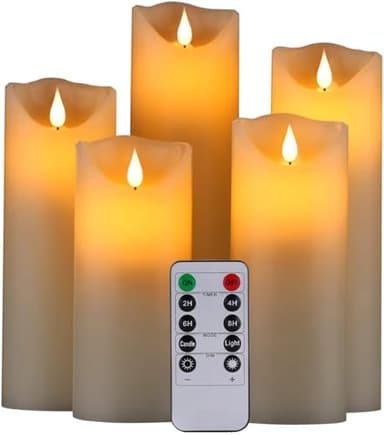 HANZIM LED Candles,Flameless Candles 5"6"7"8"9" Set of 5 Real Wax Battery Candle Pillars, Realistic Dancing Mood Candles and 10 Key Remote Control with 24 Hour Timer Function (Ivory)