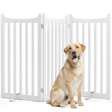 Yaheetech Freestanding Pet Gate Indoor 3-Panel Wooden Dog Gates for Small Medium Dogs, Foldable Puppy Fence with 2 Support Feet,Pets Door for Doorways/Stairs/Halls/Kitchen (White,91cm H X 152cm L)