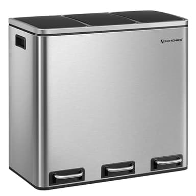 SONGMICS Kitchen Bin, 3 x 18 L Recycling Bin, 3 Compartment Rubbish Bin for Recycling and Waste, 15 Liners Included, Soft-Close Lids, Pedals, Inner Buckets, Steel, Metallic Silver LTB54NL