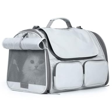FUKUMARU Cat Carrier, Soft-Sided Small Dog Carrier, Large Cat Travel Bag with 4 Mesh Windows, Airline Approved Pet Carrier with 4 Storage Pockets, Rollable Cover for Nervous Pets, Grey