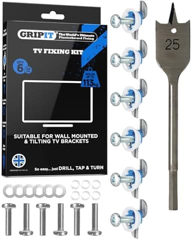 Gripit Blue Heavy-Duty Plasterboard Fixings - TV Mounting Kit - Pack of 6 - Holds Up to 113kg - Reusable Drywall Anchor for TVs, Stud Walls, Kitchen Cupboards & Boilers – UK Designed