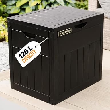 Olsen & Smith Lockable Outdoor Garden Plastic Storage Box Container Chest - Small Lawn Balcony Furniture, Weather Resistant, Wood Panel Effect (126L)