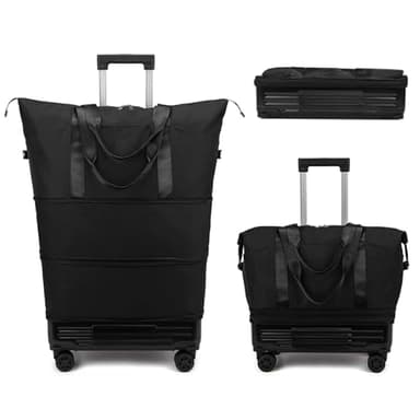 Wheeled Duffle Bag, Large Foldable Duffle Bag with Wheels 35-65L Expandable Luggage, Wheel Detachable Travel Bag (Black)