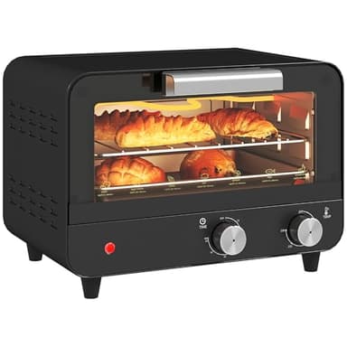 HOMCOM Small Toaster Oven, 12L Multifunction Mini Countertop Oven with Glass Door, Adjustable Temperature and Timer, Accessory Included, 750W, Black