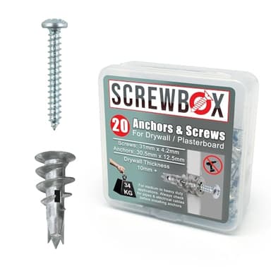 SCREWBOX® Plasterboard Fixings – 20pcs Heavy Duty Drywall Anchors & Screws, Metal Self Drilling Wall Plugs for Strong Grip