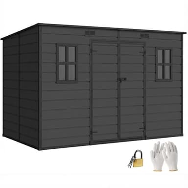 Outsunny 10 x 6 ft Plastic Garden Shed, Outdoor Storage Shed with Floor, Double Windows, Lockable Doors and Vents, for Tools, Bike, Generator, Dark Grey