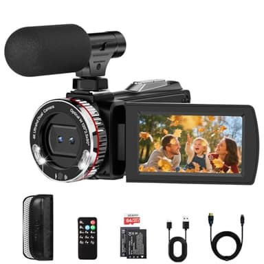 Euiivnt 4K Camcorder Video Camera, Vlogging Camera for YouTube with External Mic, Digital Zoom & 3.0” Flip Screen, 2 Batteries, 64GB Card & Remote Control (64MP CAM)