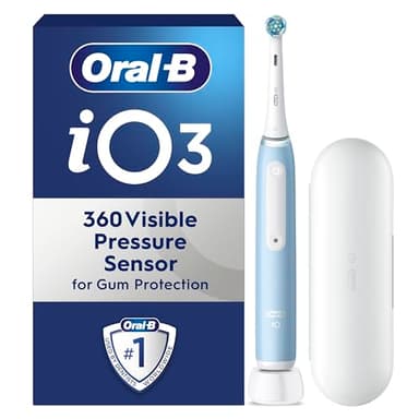 Oral-B iO 3 Ice Blue Electric Toothbrush, 1 Toothbrush Head, 1 Travel Case, Designed by Braun