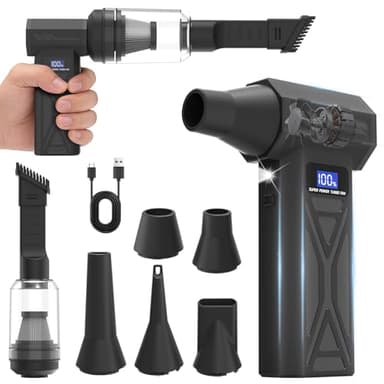 Biftrew Compressed Air Duster, 2 in 1 Air Duster with Dust Suction Nozzle, 150000RPM Compressed Air Vacuum Cleaner for PC/Car, Rechargeable 4-Gear Adjustable Dust Blower with LED Light & Display