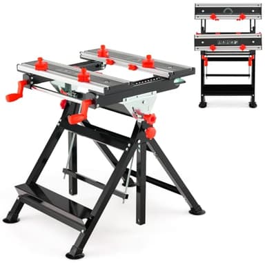 COSTWAY Folding Workbench, 7-Level Height Adjustment Work Table with 4-Position Tiltable Platform, 8 Sliding Clamps, Protractor & Ruler, Heavy Duty Metal Workstation Tool Stand (Red, 75x60x103cm)