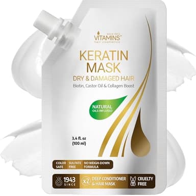 VITAMINS Hair Cosmetics Keratin Hair Mask for Damaged Hair - Protein Keratin Treatment Deep Conditioner for Dry Locks - Collagen Biotin & Castor Oil Repair Dryness & Enhance Shine - 100 ML