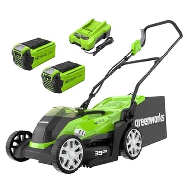 Greenworks 40V Cordless Lawnmower for Lawns up to 400m², 35cm Cutting Width, 40L Bag PLUS Two 40V 2Ah Batteries & One Charger, 3 Year Guarantee-G40LM35K2X, Green