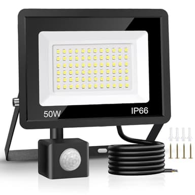 Jsdoin 50W Security Lights Outdoor Motion Sensor 4500 Lumen PIR Security Light 6500K LED Floodlights IP66 Waterproof Outside Daylight Wall Light with 2M Cable for Garage Garden Hallway Backyard