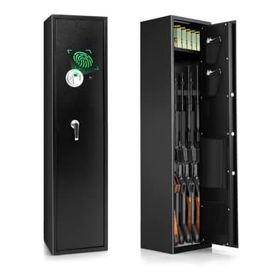 COSTWAY 5 Rifle Gun Cabinet, Biometric Fingerprint Gun Safe with Digital Keypad, Emergency Keys, Alarm System, Built-in Small Cabinet & Storage Pockets, Electronic Shotgun Safe Rifle Security Cabinet