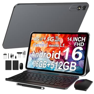 GAMORZE 14 Inch Tablet Android 16 Octa-Core 4G LTE/5G WiFi/11580mAh Battery/Widevine L1/2K INCELL FHD Android Tablets 36GB RAM+512GB ROM (2TB TF), Gaming Tablet with Keyboard, Gray