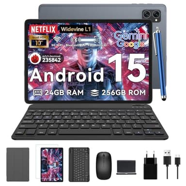 Tablet 10 Inch,Android 15 AI Tablets,24GB +256GB/2TB,FHD Gaming Tablet With Pen and Keyboard Kits,5G WiFi,Octa-Core,8MP AI Camera,Widevine L1+Stereo Speaker,GPS,Fast Charge,2-Year Warranty