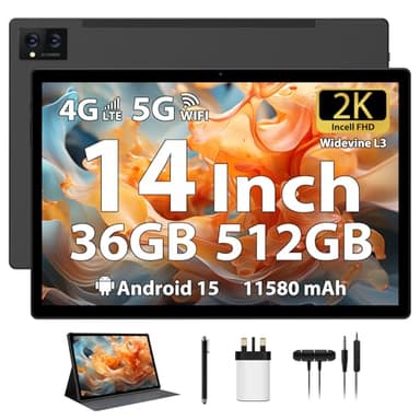 FLYCOAY 14 Inch Tablet Android 15 Gaming Tablet 36GB+512GB/TF 2TB, Octa-Core, 11580mAh, 4-speaker, 13MP Camera, Large Screen with Dual SIM 4G LTE/5G WiFi/GPS/13MP/Case/Stylus/Earphone-Black