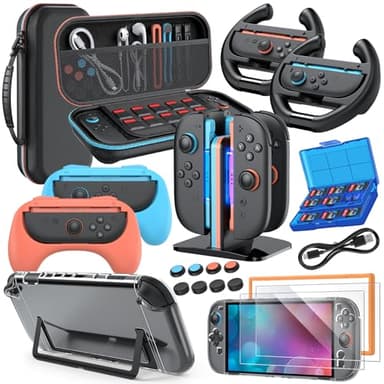 Switch 2 Accessories Bundle for Nintendo Switch 2 2025, 20 in 1 MENEEA Bundle Kits:Carrying Case, Switch 2 Charger Dock,Grips for JoyCon,Steering Wheels,Protective Cover for Controller Console (Black)