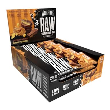 Warrior Raw Protein Bars – 20g Protein Per Bar – High Protein Snack Bars Multipack (12 or 24 Bars, 75g Each) – Low Sugar, High Fibre Breakfast & Meal Replacement Bar – Chocolate Peanut Flapjack