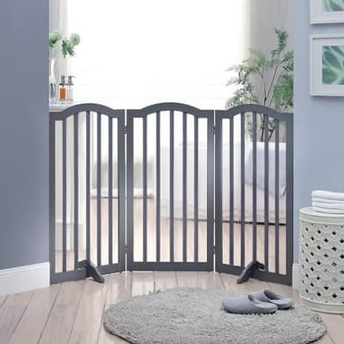 The Fellie Wooden Foldable Dog Gate with Support Feet, Freestanding Stair Gate, Safety Gate Pet Fence Indoor Barrier, Stair Gates for Dogs/Doorways/House, 3 Panels (138x82cm, Grey)