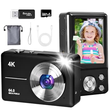 4K Digital Camera, Autofocus 64MP Vlogging Camera with 32GB TF Card, 2.8'' LED Screen, 18X Zoom, Anti-Shake, Large Battery, Portable YouTube Compact Digital Camera for Kids Teens Adult Beginner