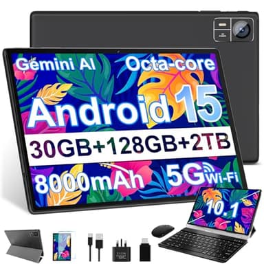 JVVQTB Tablet 10 Inch Android 15 Octa Core 30GB RAM + 128GB ROM (2TB TF) | 5G + 2.4G WiFi | 8000mAh | FHD | Bluetooth 5.0 | GPS | 8MP + 5MP | Type C, Keyboard and Mouse - Black