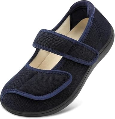 JIASUQI Womens Slippers Extra Wide Width Diabetic Shoes Adjustable House Shoes Indoor Outdoor Slipper for Edema Swollen Arthritis Elderly(NavyBlue 39,Size 6)