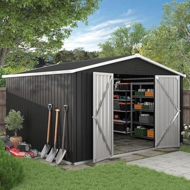 UDPATIO Outdoor Storage Shed 10x10 FT, Outside Sheds & Outdoor Storage Metal Galvanized Steel Yard, Patio, Lawn, Tool Shed with Lockable Door for Can, Bike, Lawnmower, Generator,Dark Grey