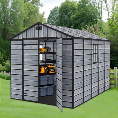BIRCHTREE 8X10FT Plastic Garden Shed with Floor Apex Roof Wood Grain Effect Fade Free All Weather Resistant Lockable Door Outdoor Storage Box Air Vent&Window Garden Tool Shed Low Maintenance Grey