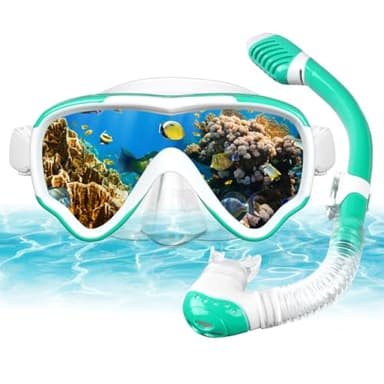 AOOSA Kids Snorkel Set, Anti-Fog Tempered Glass Diving Mask Snorkeling Gear, Anti-Leak Panoramic Wide View Snorkelling Goggle, Dry Top Snorkel Kit for Snorkeling Scuba Diving Swimming Travel