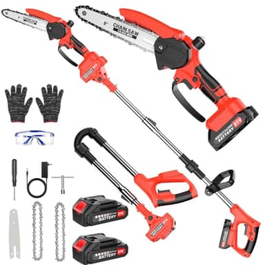 2-in-1 Cordless Pole Saw & Mini Chainsaw, 8-inch Electric Saw Brushless with 2 * 2.0Ah Battery, Telescopic Motor Head 180° swiveling, Chain Saw with Extension Pole for Wood Cutting Trimming Branch