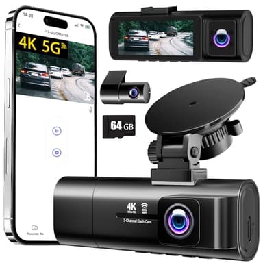 3 Channel 4K Dash Cam Front Inside and Rear, 5GHz WiFi, Car Camera Built-in 64GB Card, 4K+1080P+1080P Triple Lens Dash Camera, 3.16" Screen, Night Vision, WDR, G-Sensor, Loop Recording, Parking Mode