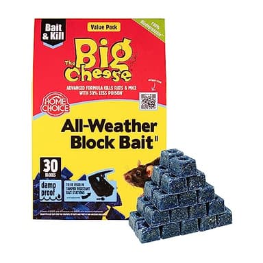 The Big Cheese All-Weather Rodent Block - 30 x 10g, For Mice and Rats, Damp-Proof, Weather-Resistant - Super Strength and Highly effective, Pet Safe, Blue