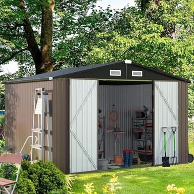 Aoxun Garden Sheds 10x8ft, Metal Shed Bike Tool Shed, Sheds and Outdoor Storage with Lockable Doors & Slooping for Backyard, Patio, Poolside,Brown