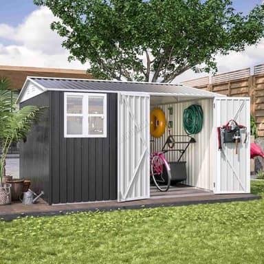 BIRCHTREE Garden Shed Steel Apex Roof House Outdoor Backyard Storage With Lockable Double Doors Window Free Foundation Tool Equipment Organizer Air Vents 10x10FT Anthracite